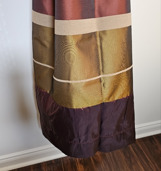 Two custom panels burgundy bronze striped tafetta pleated lined drapes 48x84.5". - Picture 4 of 6